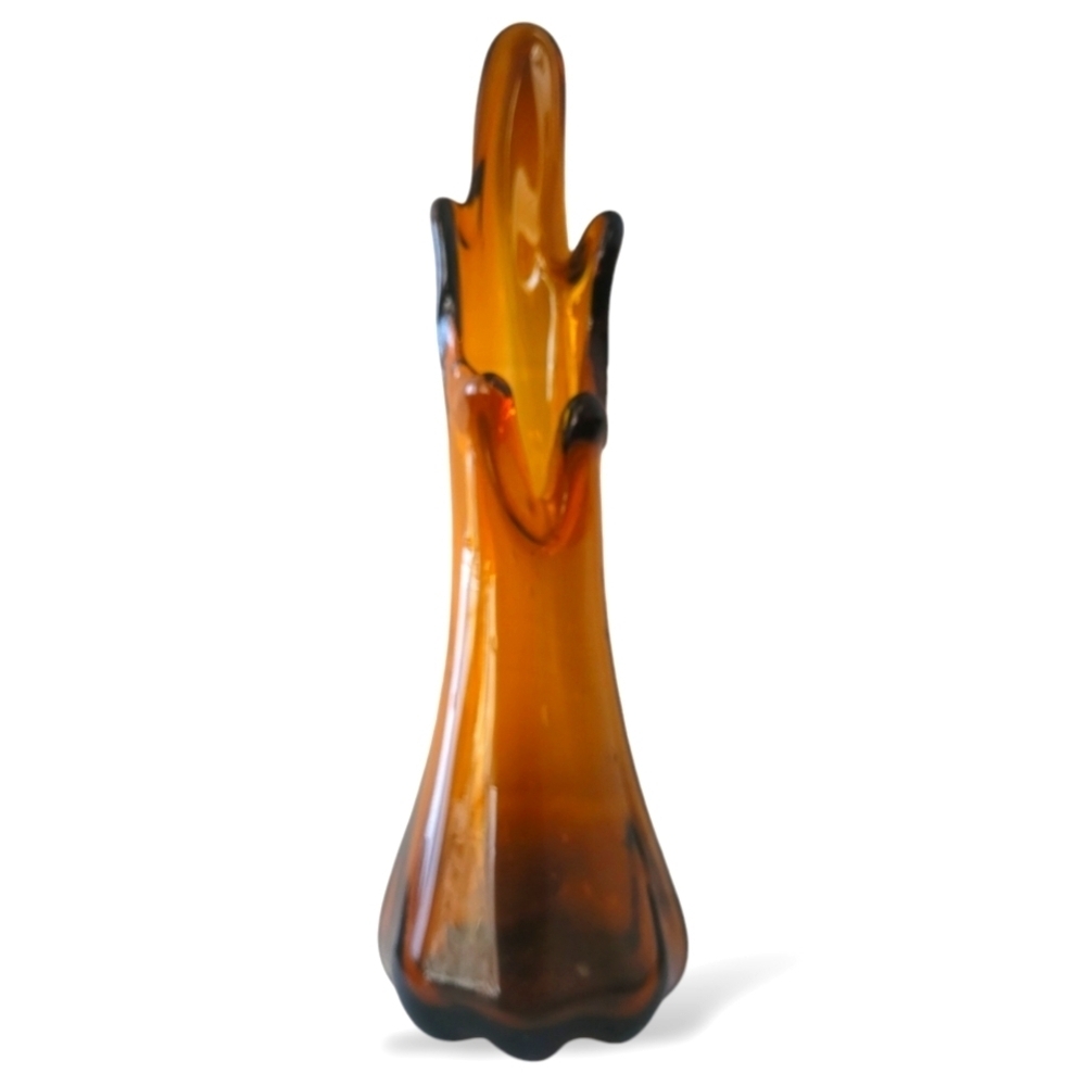 1960s Swung Glass Five Finger Vase in Amber